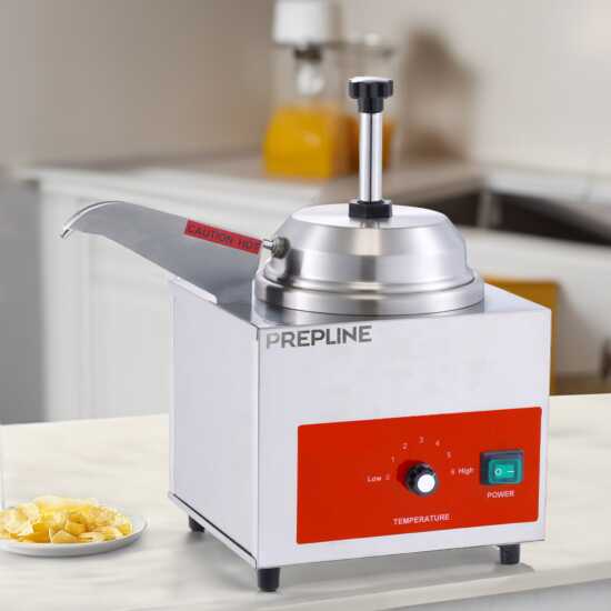 Prepline CW3-5 3.5 qt. cheese warmer with pump and heating spout, operating on 120V, designed for keeping cheese sauces warm and dispensing easily in commercial kitchens.