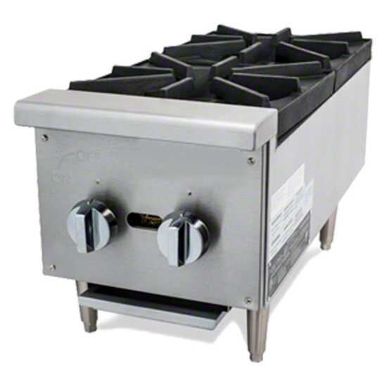 Cookline CHP-12-2 12" commercial gas hot plate with two burners, delivering 50,000 BTUs, ideal for efficient cooking in small kitchens, perfect for sautéing and simmering in food service environments.