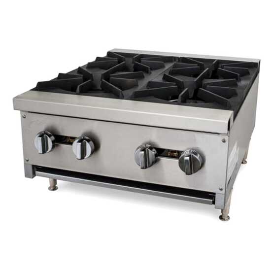 Cookline CHP-24-4 24" commercial gas hot plate featuring four burners with 100,000 BTUs, designed for efficient high-volume cooking, perfect for sautéing, frying, and simmering in busy kitchens.