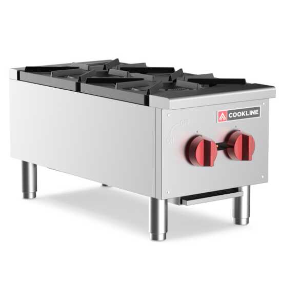 Cookline CHP-12-2 12" commercial gas hot plate with two burners, delivering 50,000 BTUs, ideal for efficient cooking in small kitchens, perfect for sautéing and simmering in food service environments.