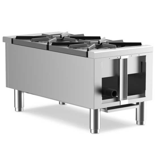 Cookline CHP-12-2 12" commercial gas hot plate with two burners, delivering 50,000 BTUs, ideal for efficient cooking in small kitchens, perfect for sautéing and simmering in food service environments.