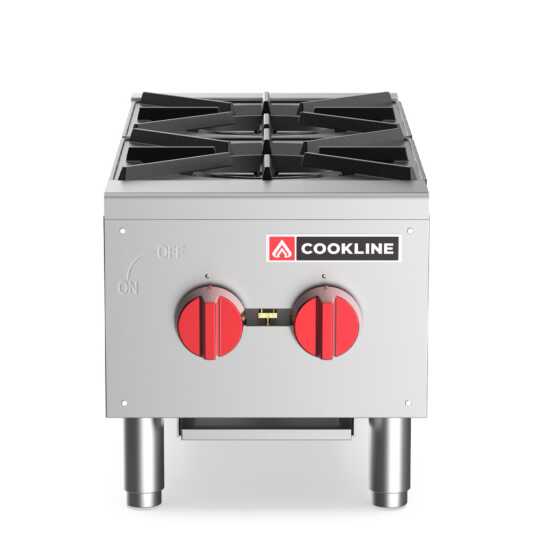 Cookline CHP-12-2 12" commercial gas hot plate with two burners, delivering 50,000 BTUs, ideal for efficient cooking in small kitchens, perfect for sautéing and simmering in food service environments.