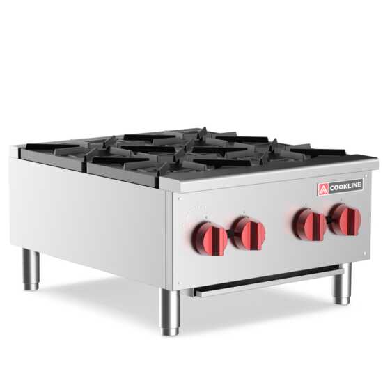 Cookline CHP-24-4 24" commercial gas hot plate featuring four burners with 100,000 BTUs, designed for efficient high-volume cooking, perfect for sautéing, frying, and simmering in busy kitchens.