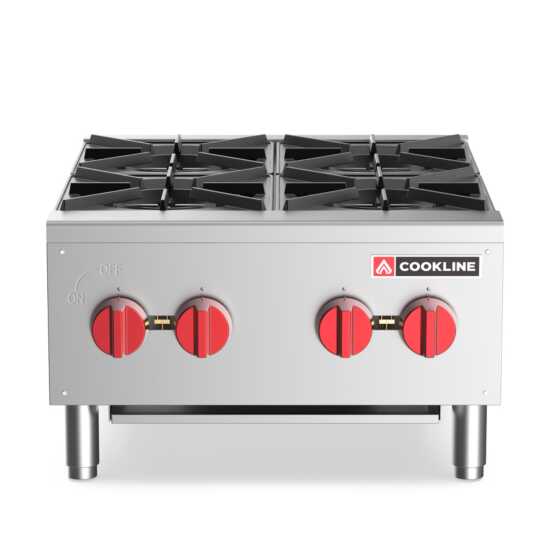Cookline CHP-24-4 24" commercial gas hot plate featuring four burners with 100,000 BTUs, designed for efficient high-volume cooking, perfect for sautéing, frying, and simmering in busy kitchens.