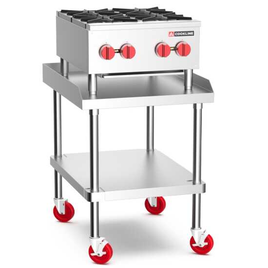 Cookline CHP-24-4 24" commercial gas hot plate featuring four burners with 100,000 BTUs, designed for efficient high-volume cooking, perfect for sautéing, frying, and simmering in busy kitchens.