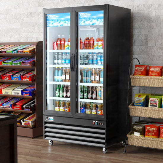 Coldline CLM-54R 54-inch double glass swing door merchandiser refrigerator in black features energy-efficient LED lighting, anti-fog glass doors, digital temperature control, and adjustable shelves, ideal for displaying beverages and perishables in commercial settings.