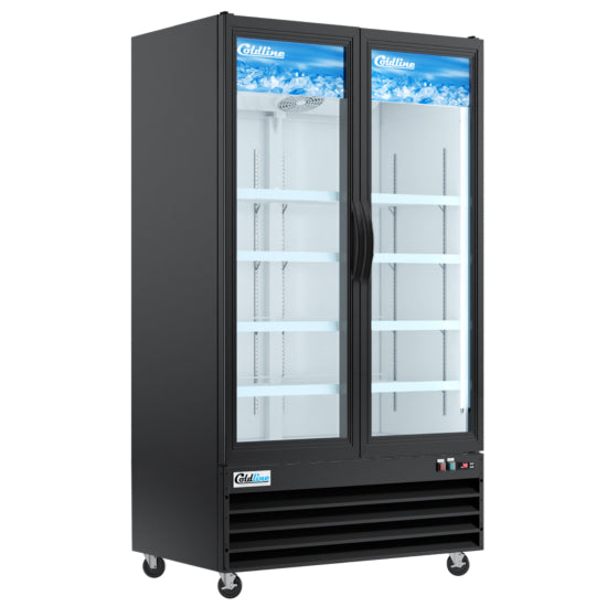 Coldline CLM-54R 54-inch double glass swing door merchandiser refrigerator in black features energy-efficient LED lighting, anti-fog glass doors, digital temperature control, and adjustable shelves, ideal for displaying beverages and perishables in commercial settings.