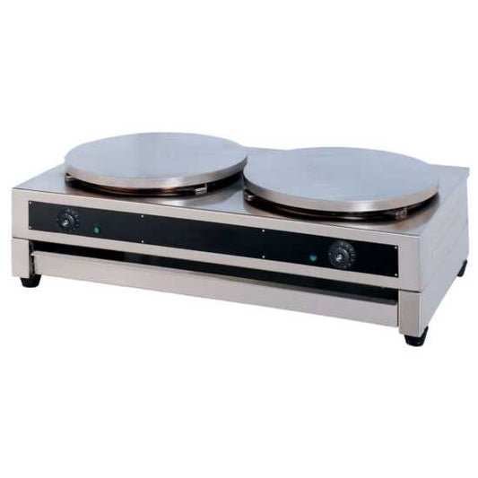 Cookline CM-2 16" electric dual cast iron crepe maker, powered by 240V, perfect for creating two crepes simultaneously with consistent heat distribution in busy commercial kitchens.