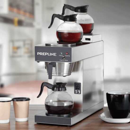 Prepline PACM-3D Automatic Coffee Maker with 3 Warmers, 120V - Efficiently brews coffee while keeping it hot on three warmers, perfect for busy restaurants, cafes, and catering services.
