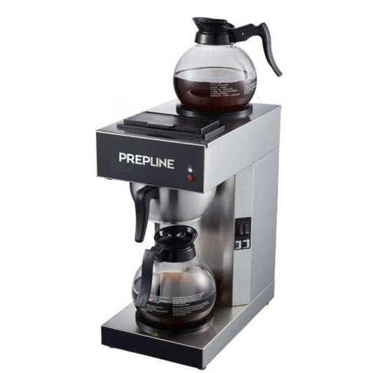 Prepline PCM2D-1 Pourover Coffee Maker with 2 Decanters and Warmers, 120V - Ideal for brewing and keeping coffee hot, perfect for restaurants, cafes, and catering services.