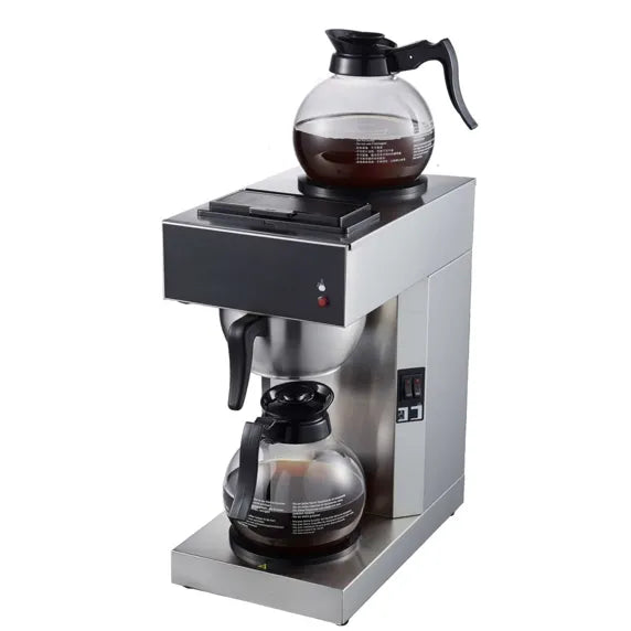 Prepline CAFE-2P-1 pourover coffee maker with 2 decanters and warmers, 120V commercial coffee brewing machine designed for cafes, restaurants, and offices. Features stainless steel construction, dual warming plates, manual pour-over water filling, and glass decanters for serving hot coffee system ok