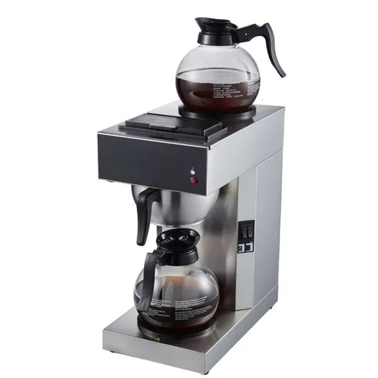 Prepline CAFE-2P-1 pourover coffee maker with 2 decanters and warmers, 120V commercial coffee brewing machine designed for cafes, restaurants, and offices. Features stainless steel construction, dual warming plates, manual pour-over water filling, and glass decanters for serving hot coffee system ok