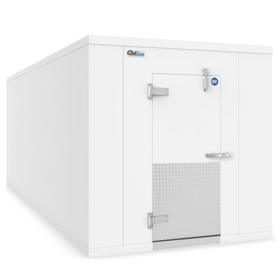 Coldline 10 x 16 five glass door walk-in merchandiser cooler box with floor for high-visibility refrigerated display and cold storage in grocery stores and commercial kitchens