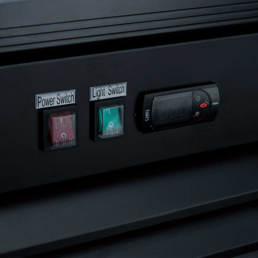 Coldline G15-B 26-inch glass door merchandiser refrigerator with LED lighting, black exterior.