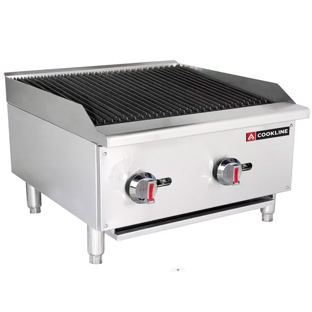 Cookline CCB-24 24" gas countertop radiant charbroiler with 60,000 BTUs, designed for grilling meats and vegetables efficiently in commercial kitchens, featuring durable construction and high heat output.