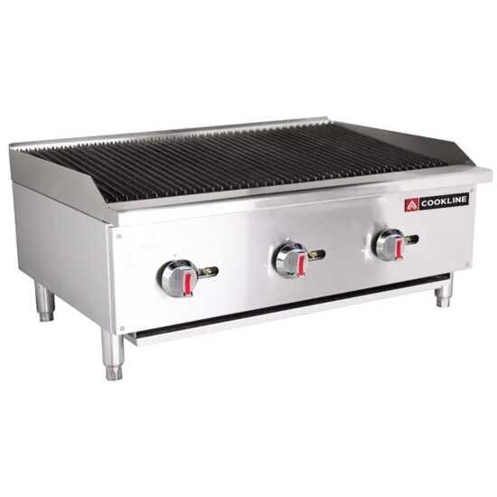 Cookline CCB-36 36" gas countertop radiant charbroiler, providing 90,000 BTUs, ideal for high-capacity grilling of meats and vegetables in commercial kitchens, ensuring efficient and even cooking.