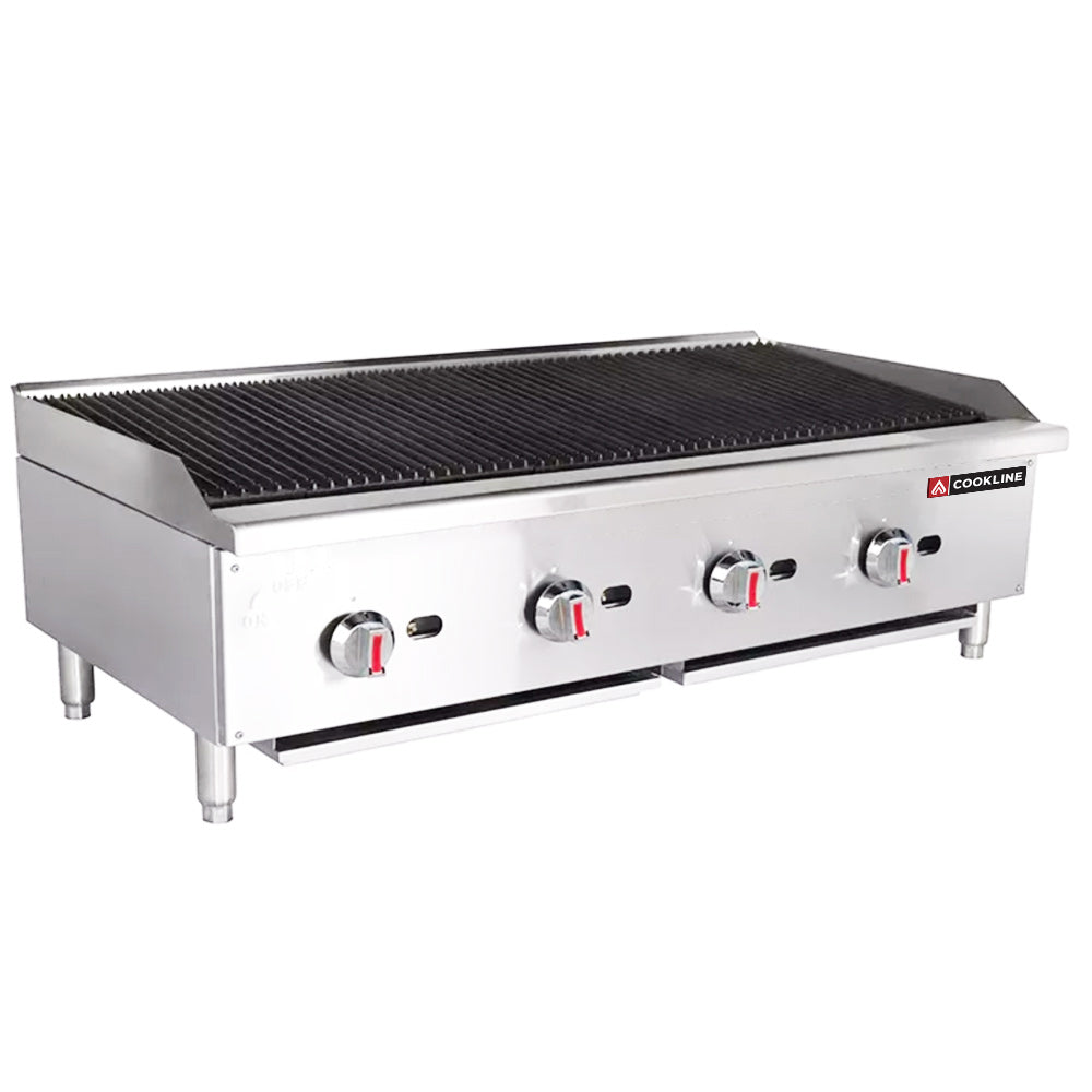 Cookline CCB-48 48" gas countertop radiant charbroiler with 120,000 BTUs, designed for high-volume grilling in commercial kitchens, perfect for evenly cooking meats and vegetables efficiently.