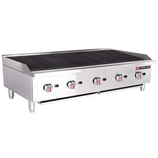 Cookline CCB-60 60" gas countertop radiant charbroiler, offering 150,000 BTUs, perfect for high-capacity grilling in commercial kitchens, designed for efficient cooking of a variety of meats and vegetables.