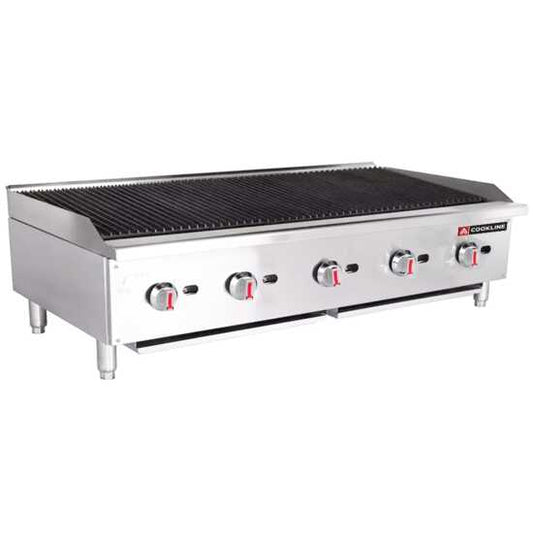 Cookline CCB-60 60" gas countertop radiant charbroiler, offering 150,000 BTUs, perfect for high-capacity grilling in commercial kitchens, designed for efficient cooking of a variety of meats and vegetables.