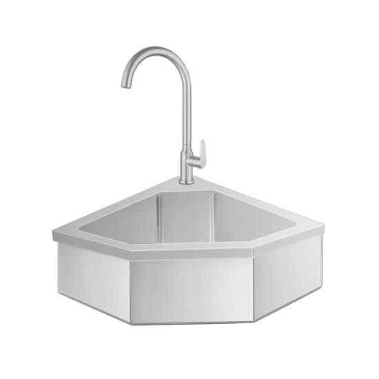 The Prepline CHS-12 12" stainless steel corner hand sink with faucet is a space-saving solution, ideal for handwashing in compact commercial kitchen areas, ensuring cleanliness and hygiene in foodservice settings.