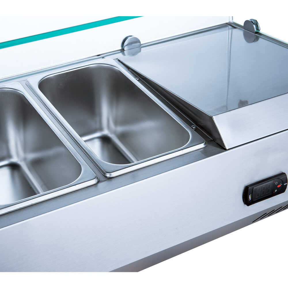 Coldline PDR-60-SG 60-inch refrigerated pizza prep table with a refrigerated glass topping rail. Perfect for pizzerias, featuring a glass rail to keep toppings fresh and visible while prepping pizzas.