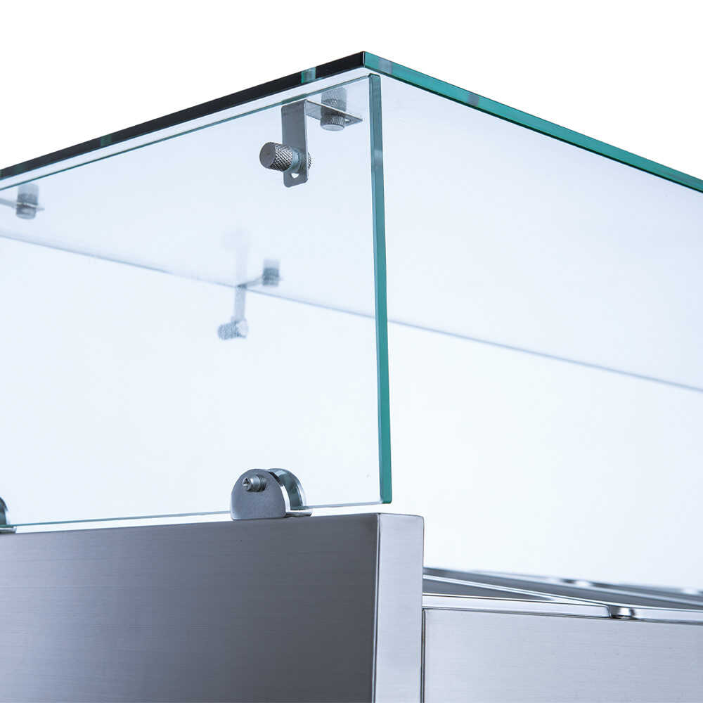 Coldline PDR-60-SG 60-inch refrigerated pizza prep table with a refrigerated glass topping rail. Perfect for pizzerias, featuring a glass rail to keep toppings fresh and visible while prepping pizzas.
