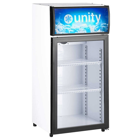 Unity U-CR2 16-inch countertop swing door merchandising refrigerator with a sleek design. This compact unit features a swing door for easy access and efficient product display. Ideal for small retail spaces or foodservice environments, it provides convenient storage and visibility for items, making it perfect for showcasing beverages, snacks, or other merchandise. The compact size allows it to fit on countertops while offering effective refrigeration and organization.