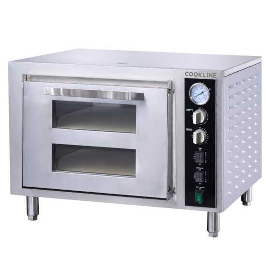 Cookline CPO-2 Double Deck Countertop Pizza Oven, 240V, ideal for high-volume pizza baking in commercial kitchens, providing efficient performance for pizzerias and restaurants.