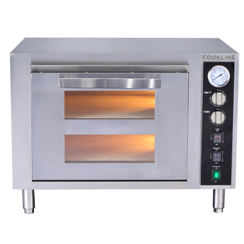 Cookline CPO-2 Double Deck Countertop Pizza Oven, 240V, ideal for high-volume pizza baking in commercial kitchens, providing efficient performance for pizzerias and restaurants.