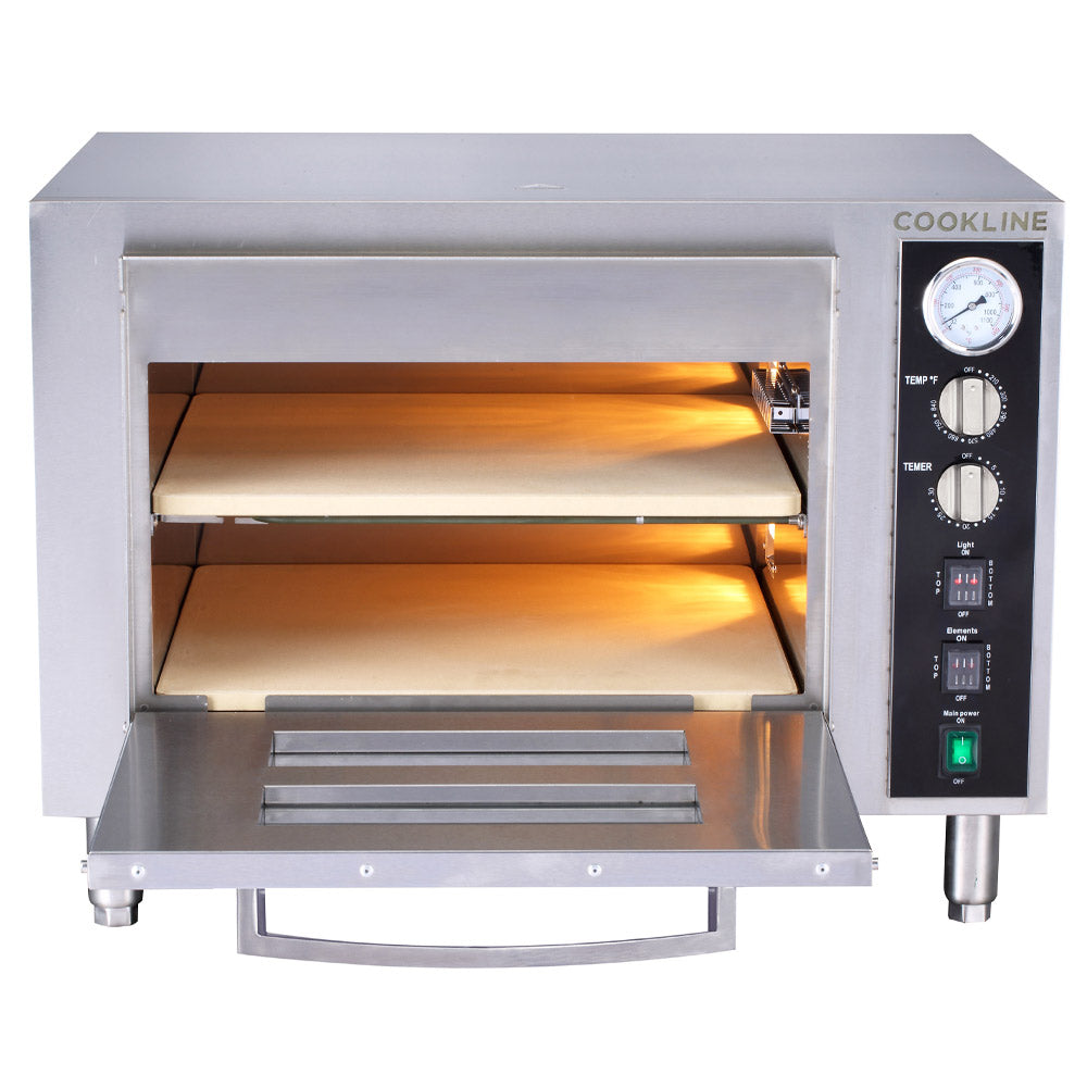 Cookline CPO-2 Double Deck Countertop Pizza Oven, 240V, ideal for high-volume pizza baking in commercial kitchens, providing efficient performance for pizzerias and restaurants.