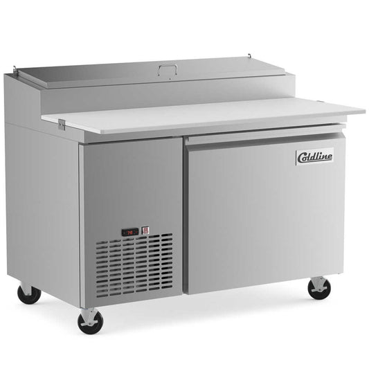 Coldline CPT-72 71-inch refrigerated pizza prep table with 9 pans. Ideal for busy pizzerias to store ingredients, keep them fresh, and ensure efficient pizza preparation with ample workspace.