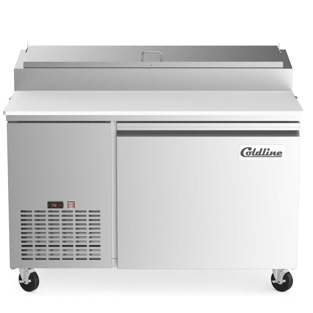 Coldline CPT-44 44-inch refrigerated pizza prep table with 5 pans. Perfect for pizzerias to store fresh ingredients, maintain safe temperatures, and streamline the pizza preparation process efficiently.