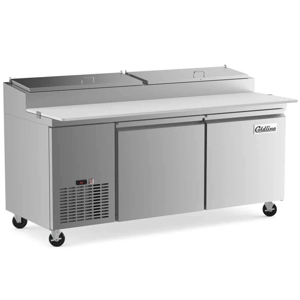 Coldline CPT-72 71-inch refrigerated pizza prep table with 9 pans. Ideal for busy pizzerias, featuring ample refrigerated storage for ingredients and a spacious prep area to enhance efficiency.