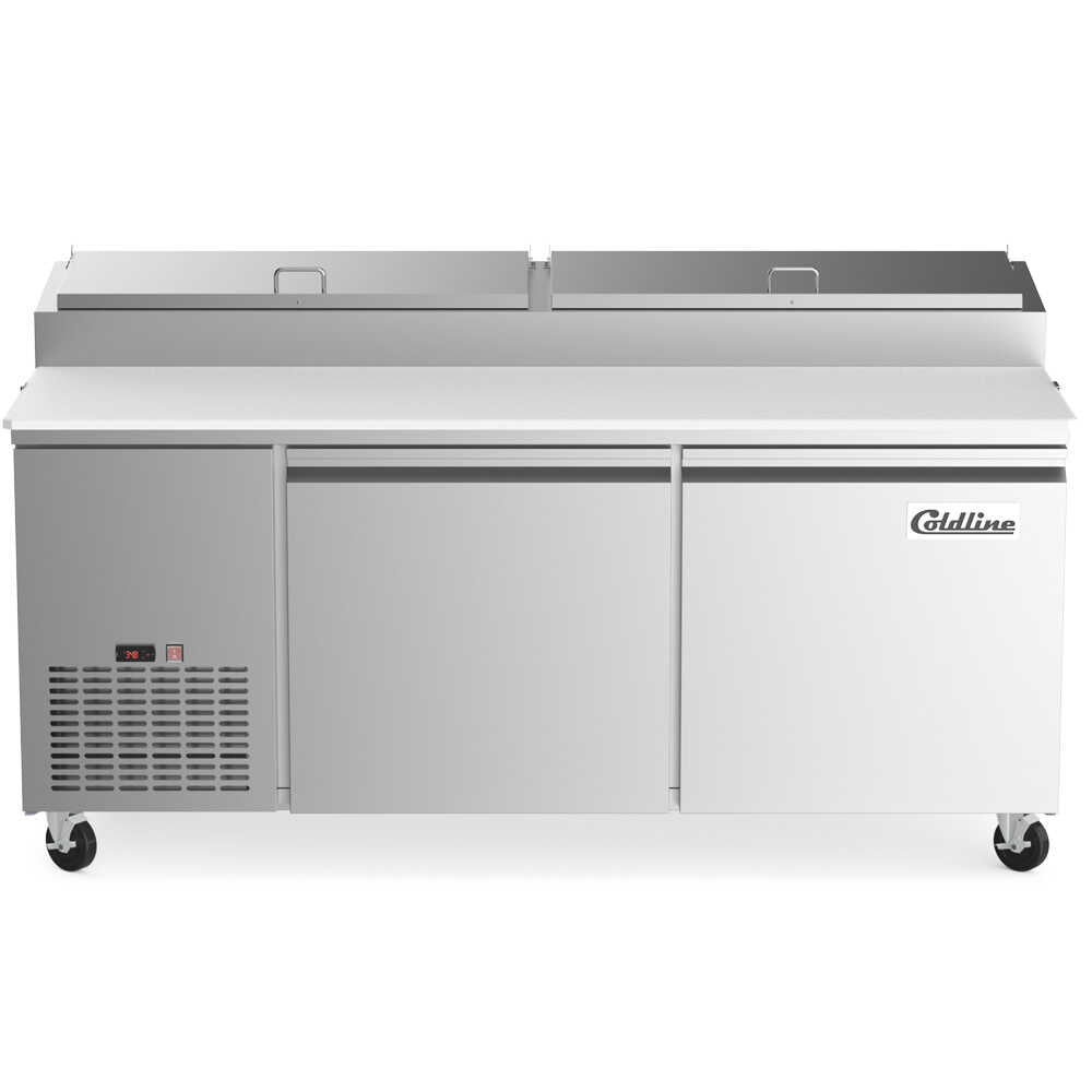 Coldline CPT-72 71-inch refrigerated pizza prep table with 9 pans. Ideal for busy pizzerias, featuring ample refrigerated storage for ingredients and a spacious prep area to enhance efficiency.