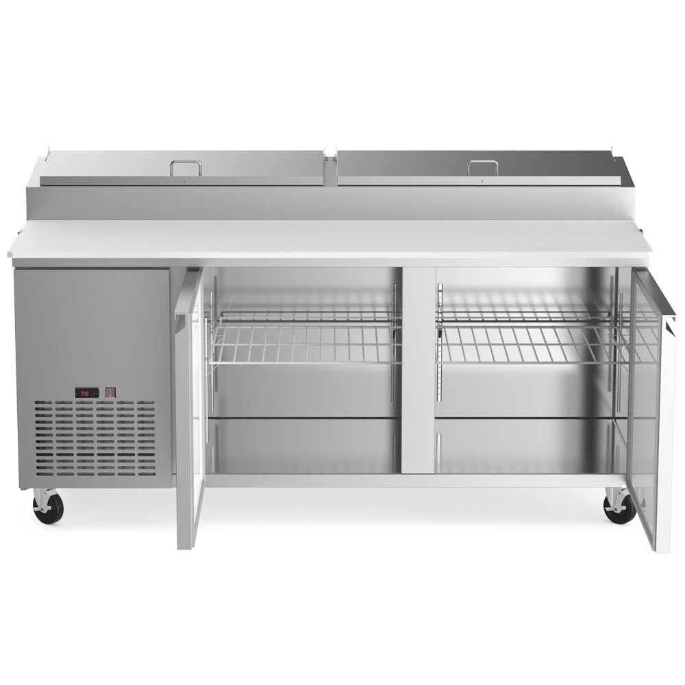 Coldline CPT-72 71-inch refrigerated pizza prep table with 9 pans. Ideal for busy pizzerias, featuring ample refrigerated storage for ingredients and a spacious prep area to enhance efficiency.