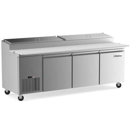Coldline CPT-92 92-inch refrigerated pizza prep table with 12 pans. Designed for large pizzerias, providing ample space to store fresh ingredients and streamline the pizza preparation process efficiently.