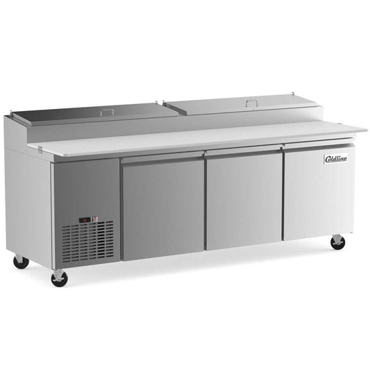 Coldline CPT-92 92-inch refrigerated pizza prep table with 12 pans. Perfect for high-volume pizzerias, offering extensive refrigerated storage for ingredients and a large prep surface for efficiency.