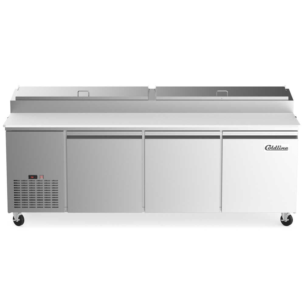 Coldline CPT-92 92-inch refrigerated pizza prep table with 12 pans. Perfect for high-volume pizzerias, offering extensive refrigerated storage for ingredients and a large prep surface for efficiency.