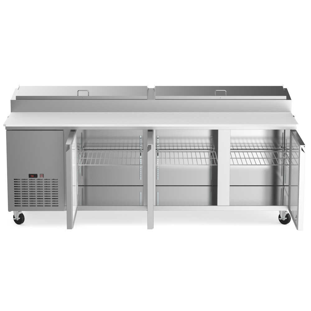 Coldline CPT-92 92-inch refrigerated pizza prep table with 12 pans. Perfect for high-volume pizzerias, offering extensive refrigerated storage for ingredients and a large prep surface for efficiency.
