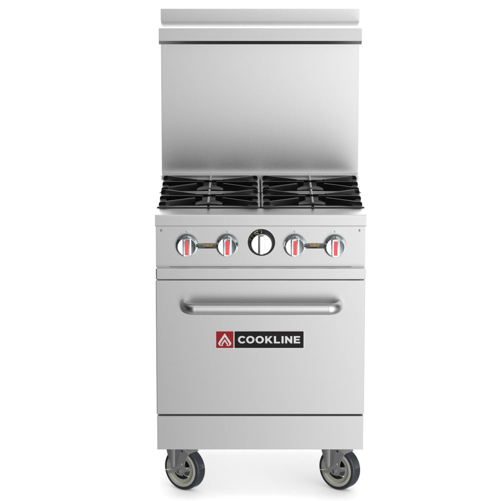 Cookline CR24-4-NG 24-inch natural gas 4 burner commercial range with oven 151000 BTU for efficient cooking in restaurants cafes and commercial kitchens