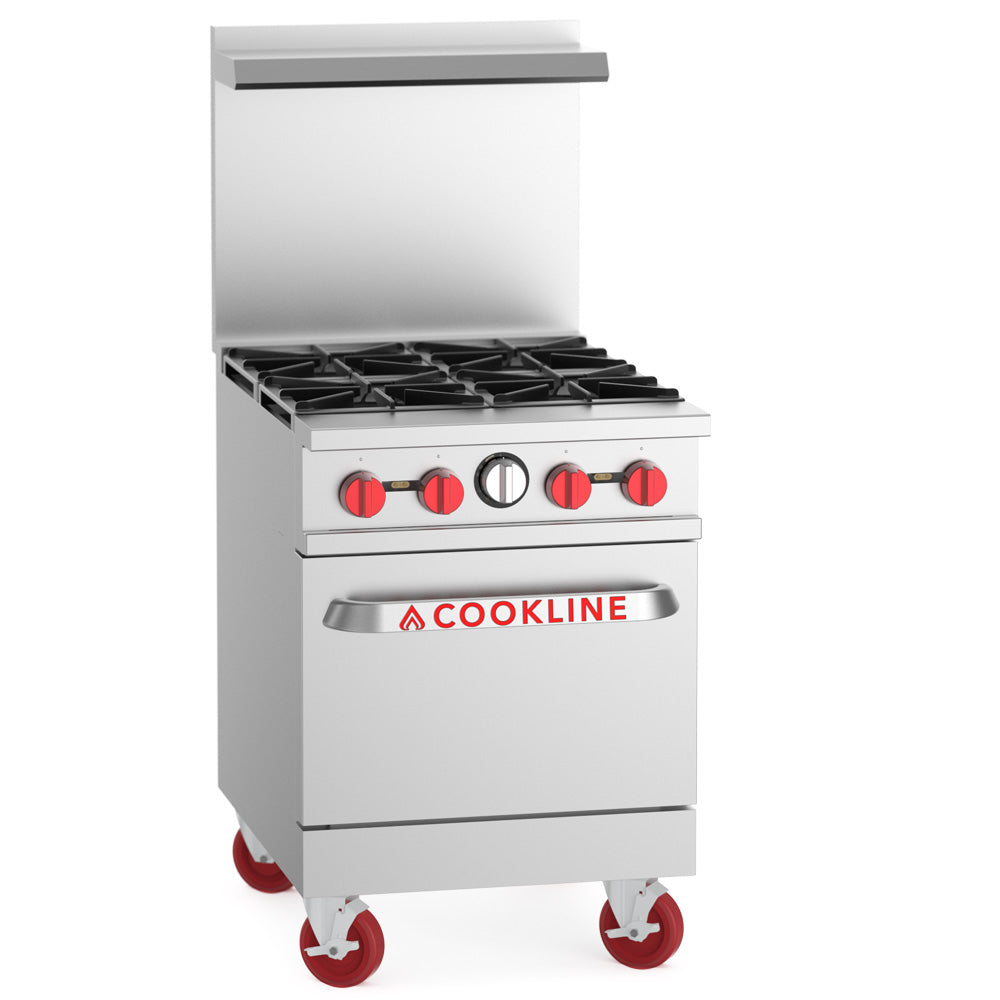 Cookline CR24-4-LP 24-inch liquid propane 4 burner commercial range with oven 151000 BTU for efficient cooking in restaurants cafes and commercial kitchens