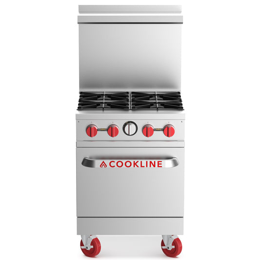 Cookline CR24-4-NG 24-inch natural gas 4 burner commercial range with oven 151000 BTU for efficient cooking in restaurants cafes and commercial kitchens