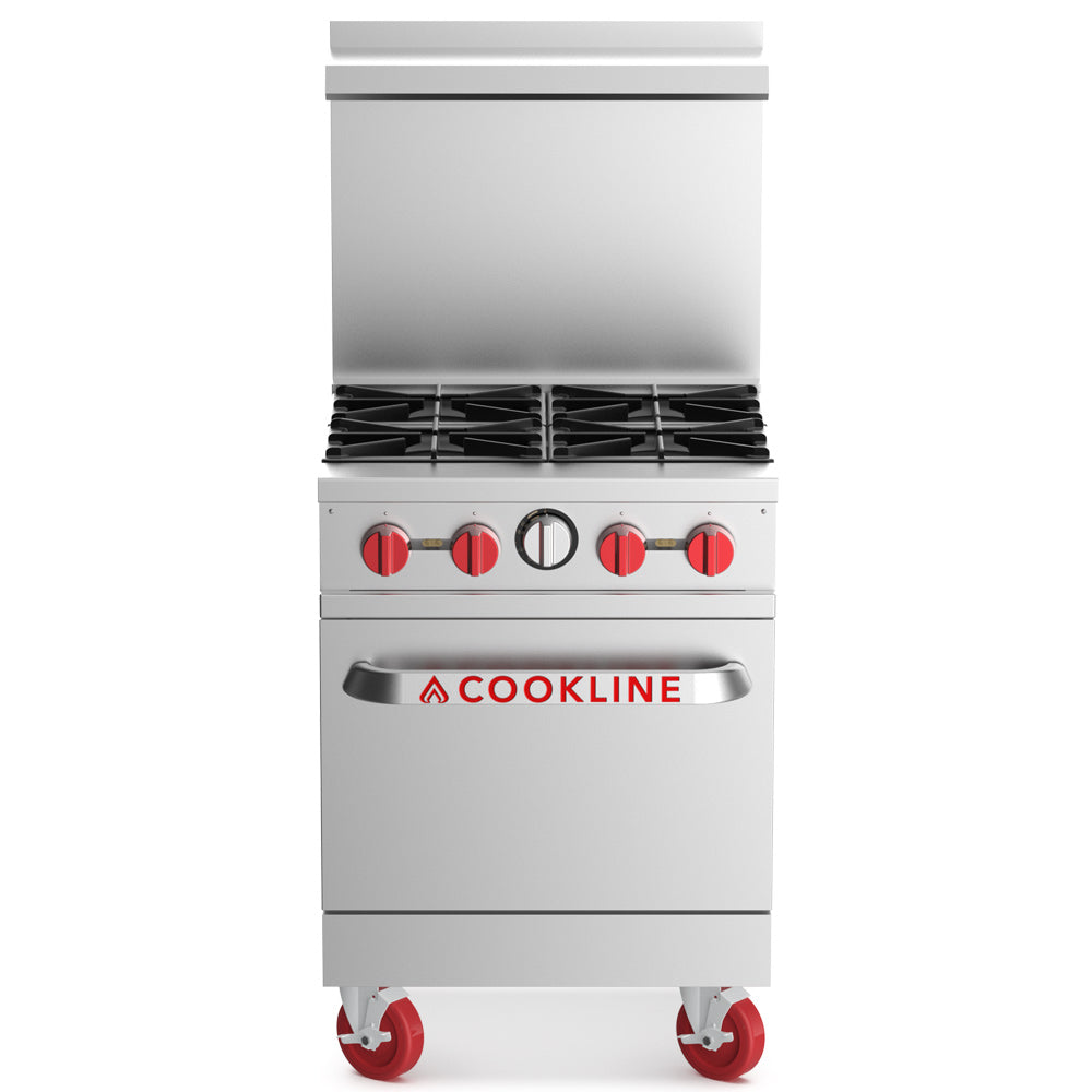 Cookline CR24-4-LP 24-inch liquid propane 4 burner commercial range with oven 151000 BTU for efficient cooking in restaurants cafes and commercial kitchens