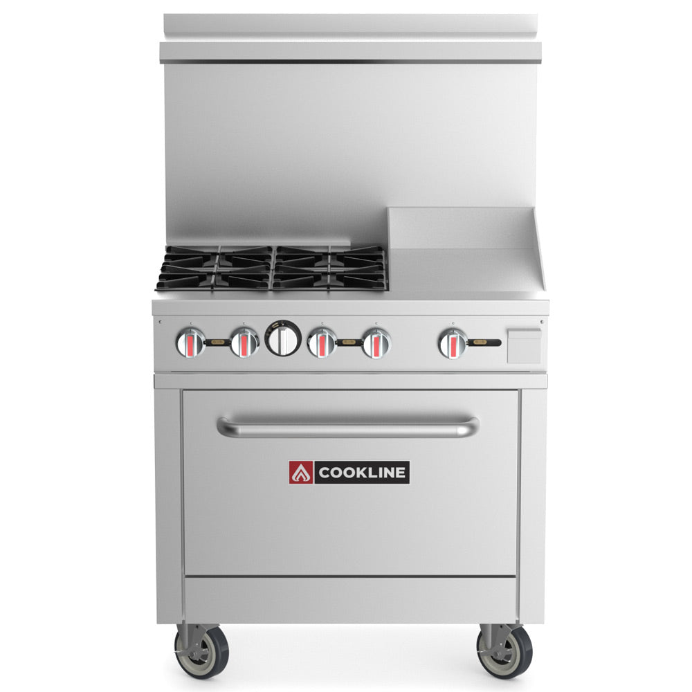 Cookline CR36-12G-LP 36-inch liquid propane 4 burner range with 12-inch right side griddle and standard oven 171000 BTU for versatile cooking in restaurants cafes and commercial kitchens
