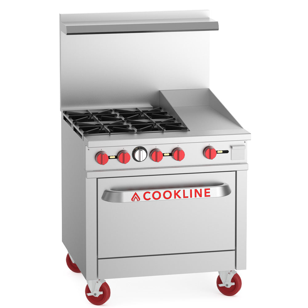 Cookline CR36-12G-NG 36-inch natural gas 4 burner range with 12-inch right side griddle and standard oven 171000 BTU for versatile cooking in restaurants cafes and commercial kitchens