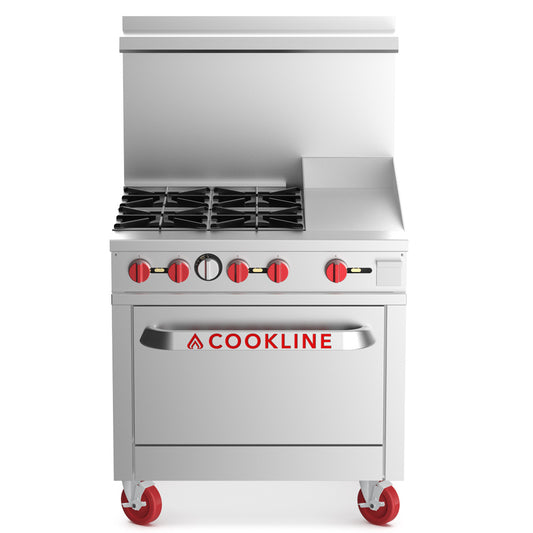 Cookline CR36-12G-NG 36-inch natural gas 4 burner range with 12-inch right side griddle and standard oven 171000 BTU for versatile cooking in restaurants cafes and commercial kitchens