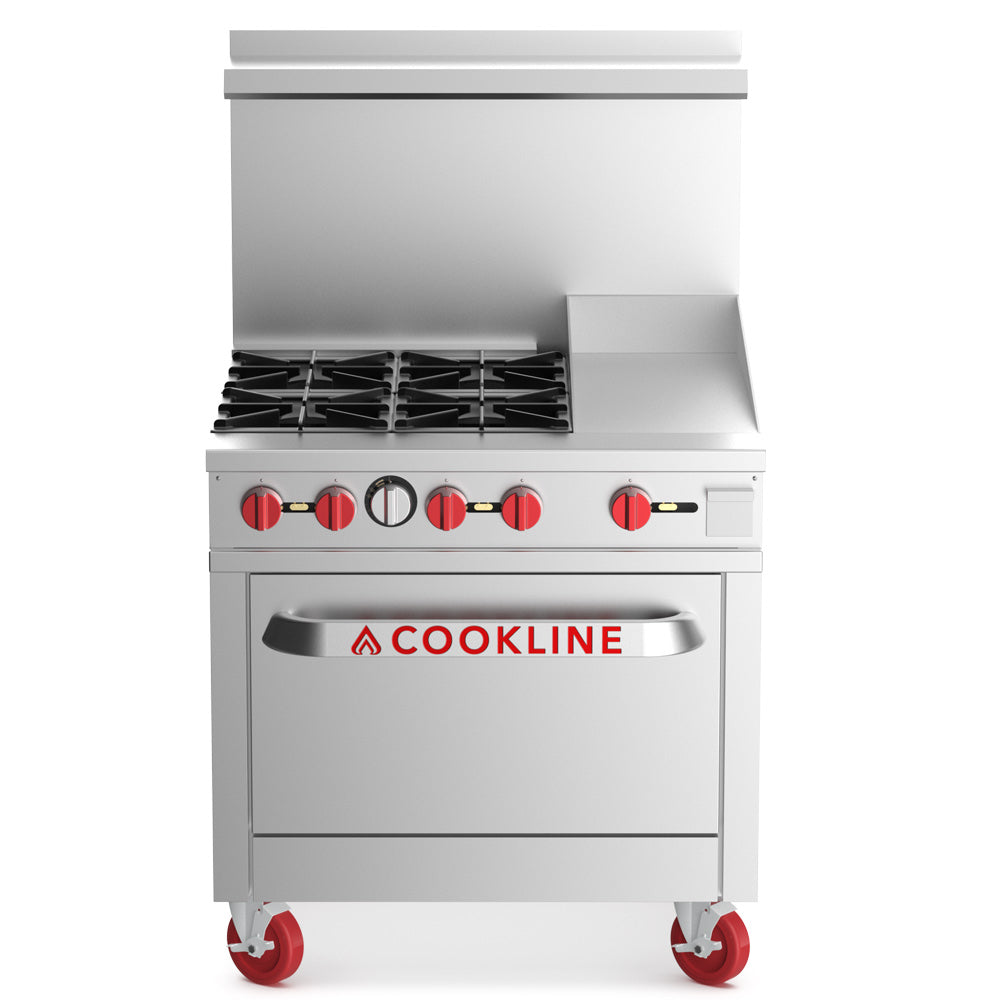 Cookline CR36-12G-LP 36-inch liquid propane 4 burner range with 12-inch right side griddle and standard oven 171000 BTU for versatile cooking in restaurants cafes and commercial kitchens