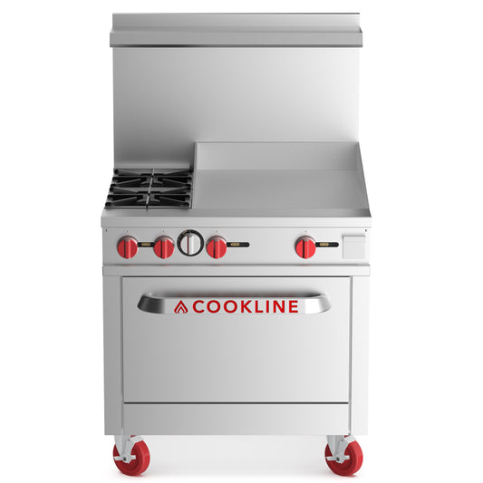 Cookline CR36-24G-NG 36-inch natural gas 2 burner range with 24-inch right side griddle and standard oven 131000 BTU for versatile cooking in restaurants cafes and commercial kitchens
