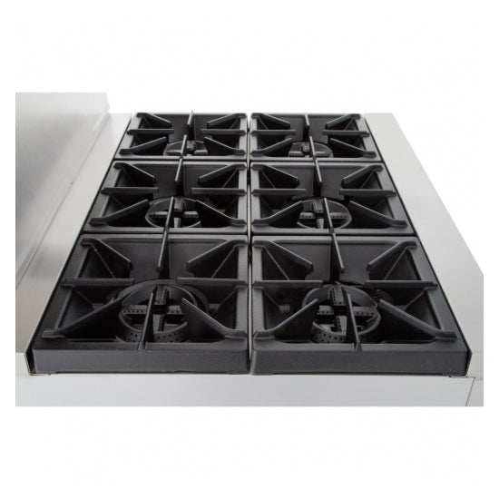 Cookline ENR6B36L commercial gas range with 6 burners and oven, 36-inch wide, designed for heavy-duty kitchen use, powered by liquid propane for efficient cooking performance.