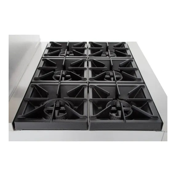 The ELITE E6-N 36" 6-Burner Range with Oven | Natural Gas is a comparable commercial gas range to the Prepline ENR6B36N, featuring six high-output burners and a standard oven base for restaurant kitchens.